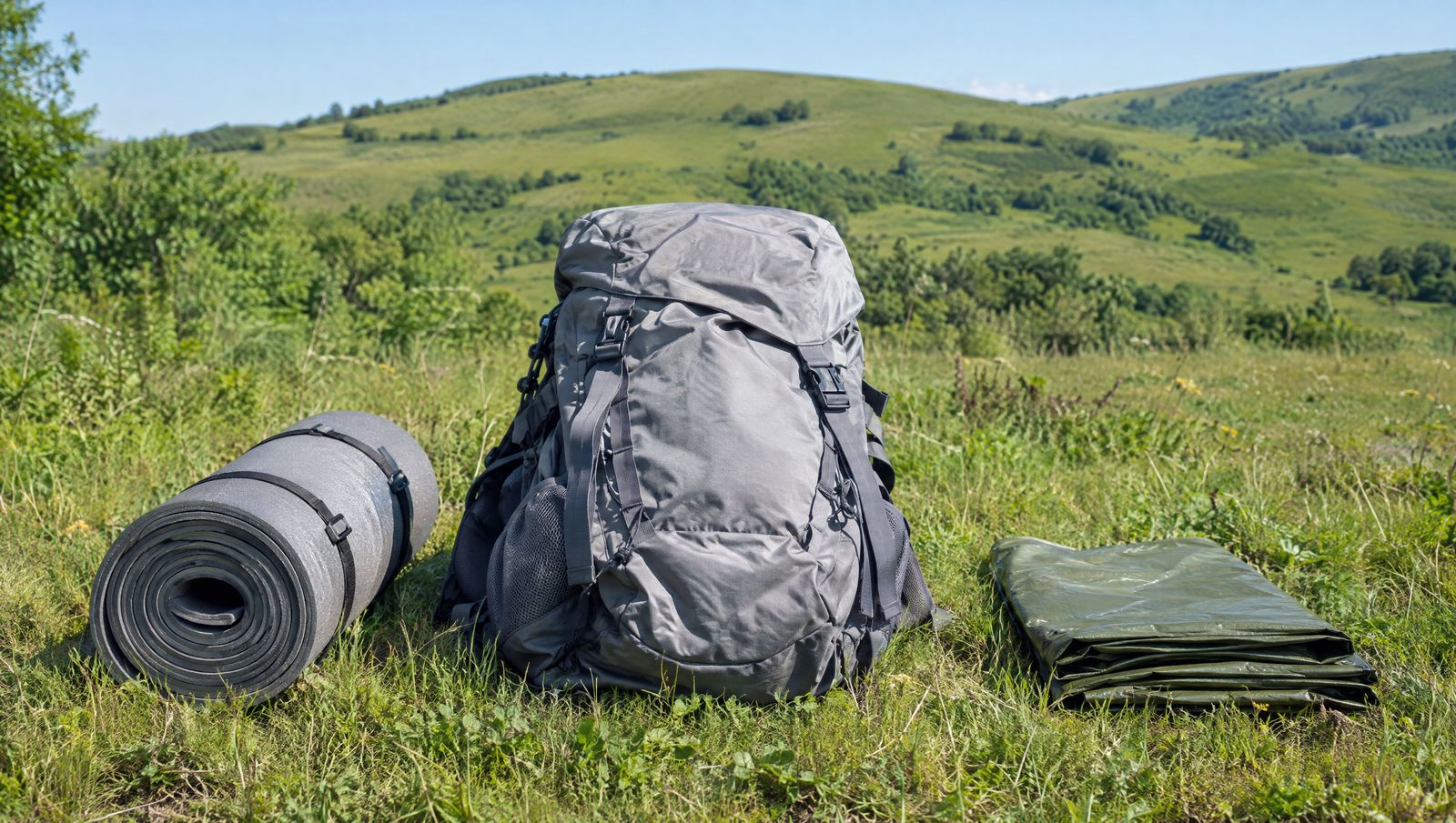 A rolled sleeping pad, a packed rucksack and a folded tarp laid out on short grass at a meadow edge