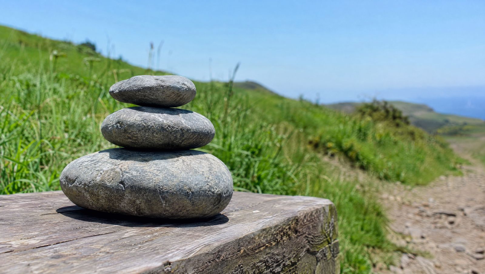 Three flat grey stones stacked on a wooden ledge beside a hillside trail