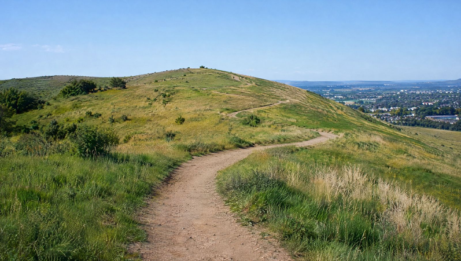 A long dirt trail winding up a grassy hillside in wide bends toward a distant crest
