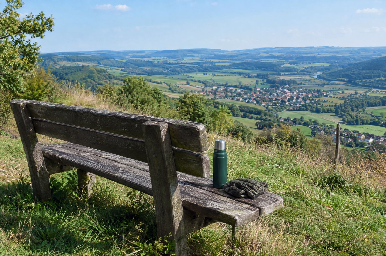 An empty wooden bench on a hillside facing a wide green valley, a green thermos and a knit cap on the seat