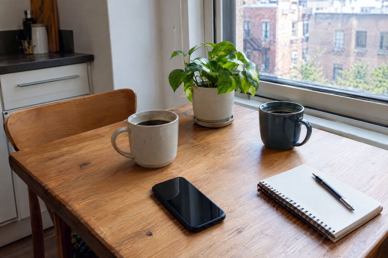 Two mugs of coffee, a phone with a dark screen and a notebook on a plain wooden kitchen table in morning light