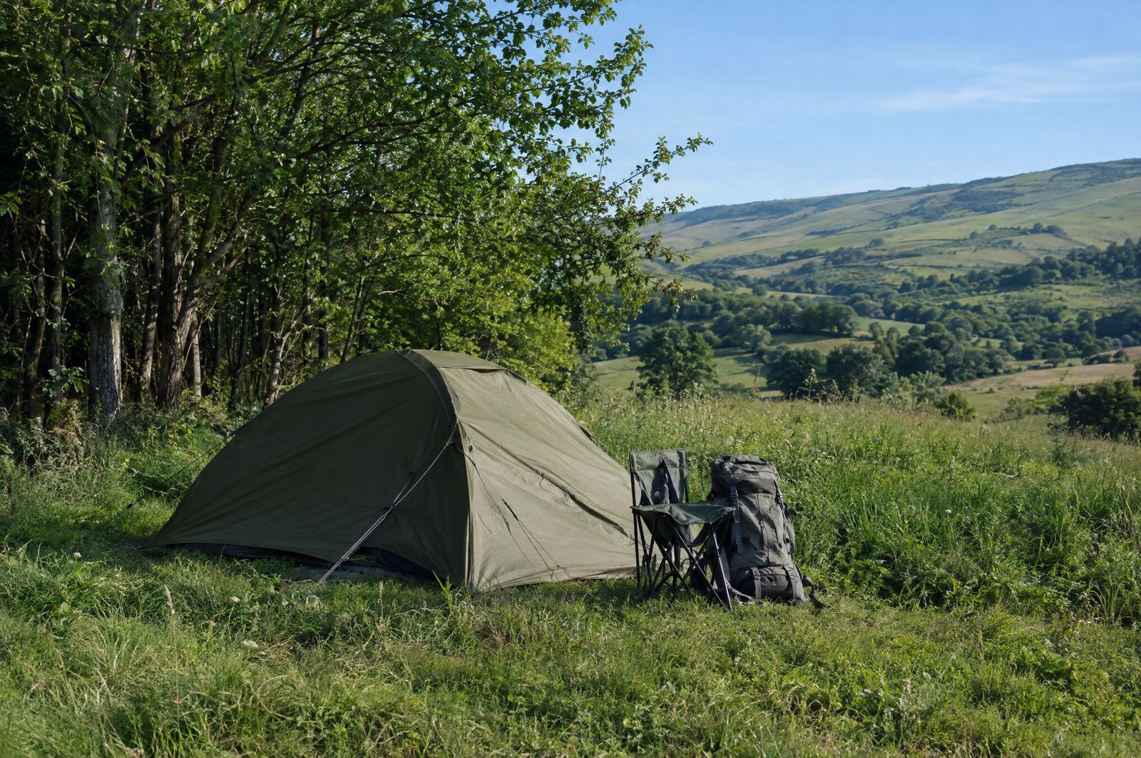 A small olive green tent pitched at the edge of a green meadow with a folded chair and a rucksack beside it