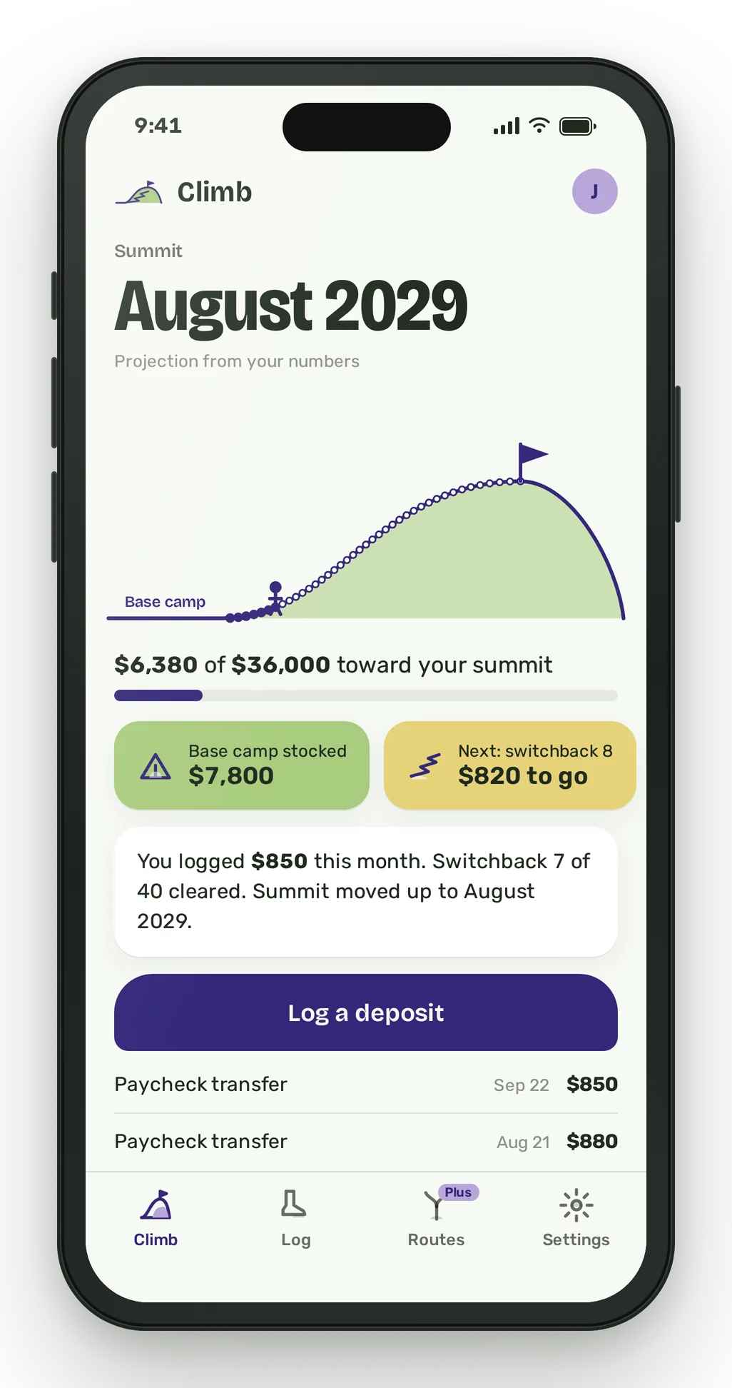 A phone showing the Hill Wallet climb screen: Summit August 2029 in large type, a climb line with forty switchback marks and seven cleared, $6,380 of $36,000 toward the summit, base camp stocked at $7,800, and $820 to go to switchback 8.