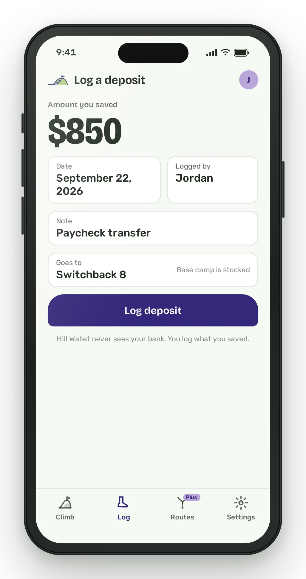 A phone showing the Log a deposit form with $850, September 22, 2026 and the note Paycheck transfer.