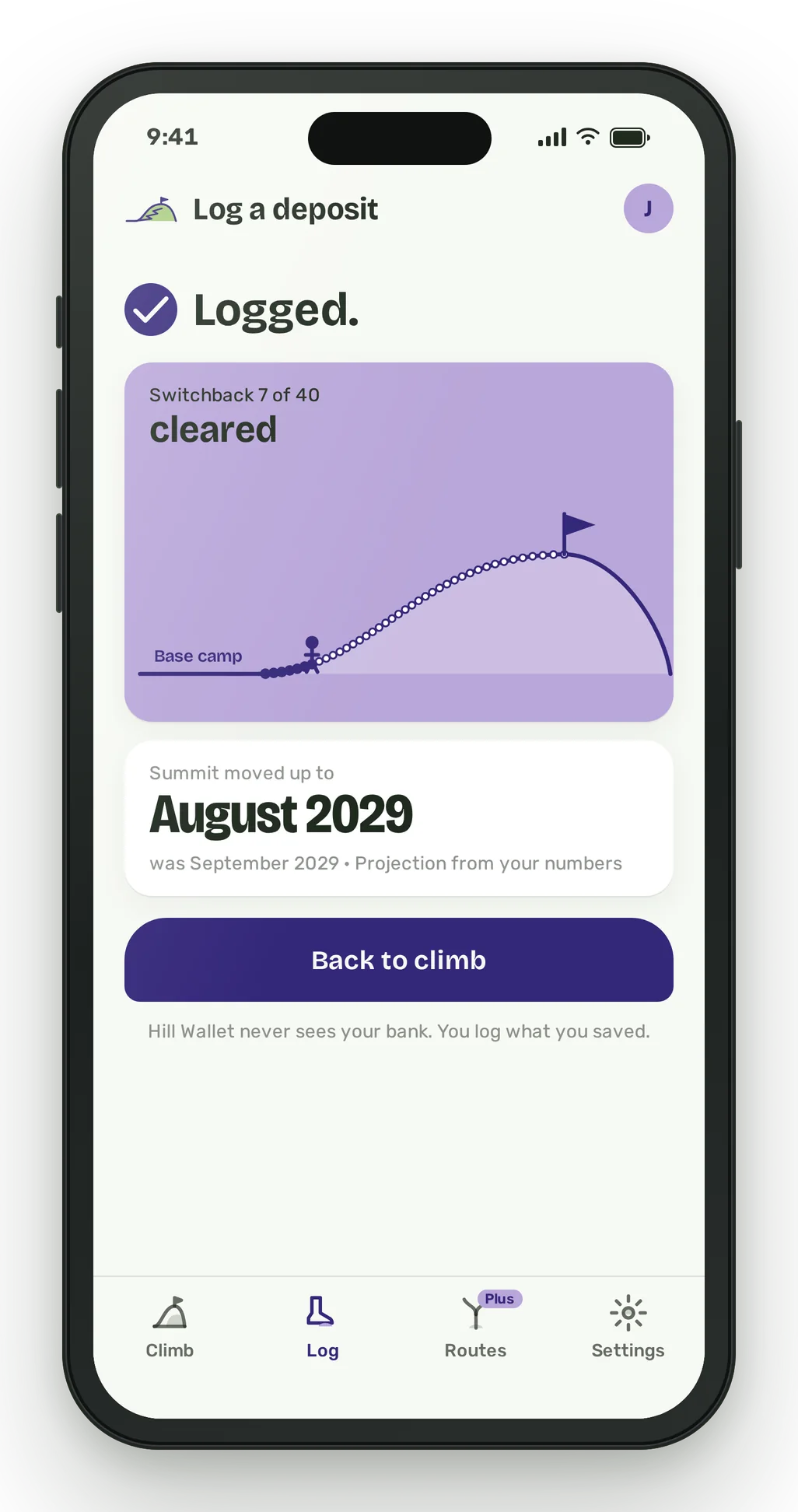 A phone showing the message Logged, switchback 7 of 40 cleared, summit moved up to August 2029.