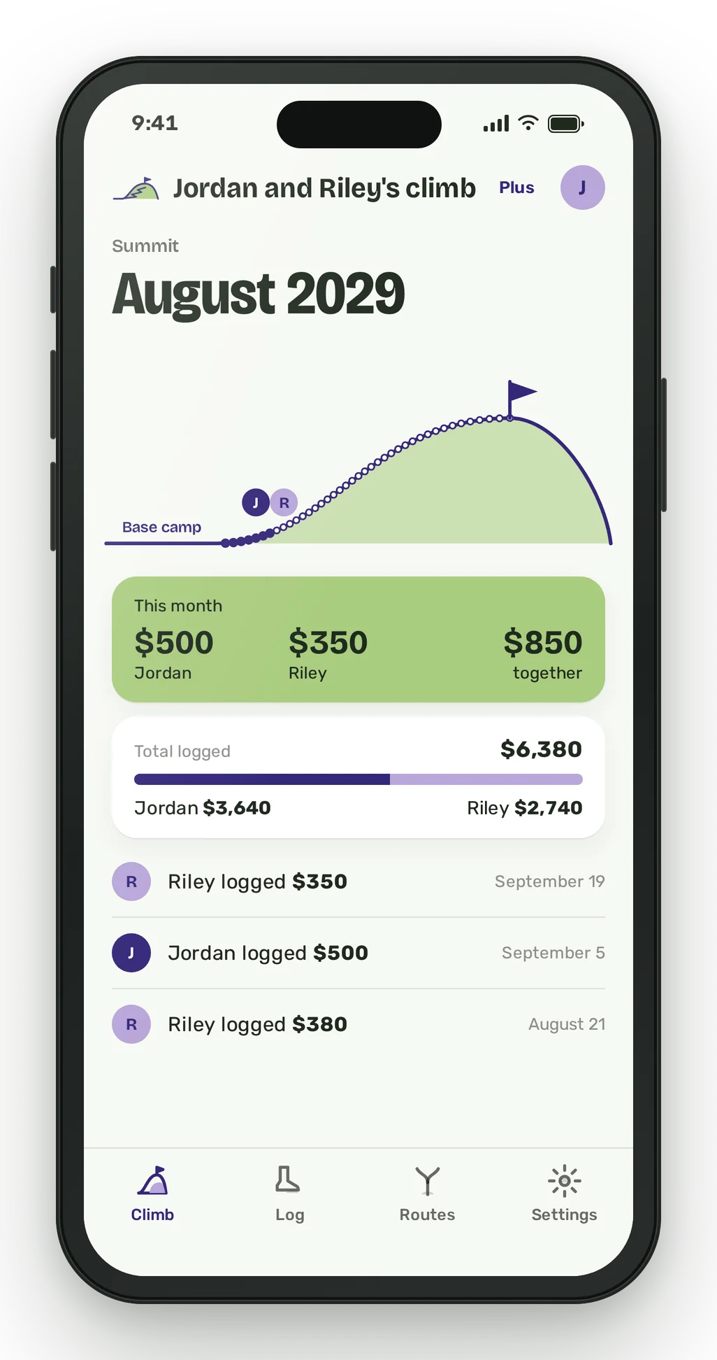 A phone showing Jordan and Riley's climb with both initials on the climb line, $500 and $350 logged this month, and a total of $6,380.