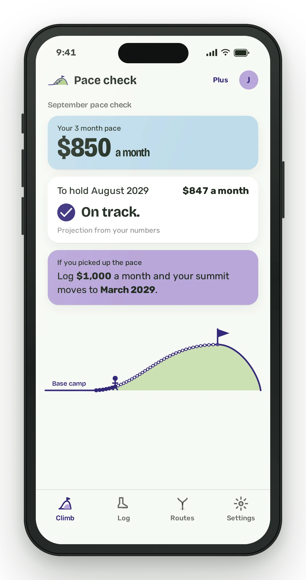 A phone showing the September pace check: a three month pace of $850, $847 needed to hold August 2029, and the line On track.